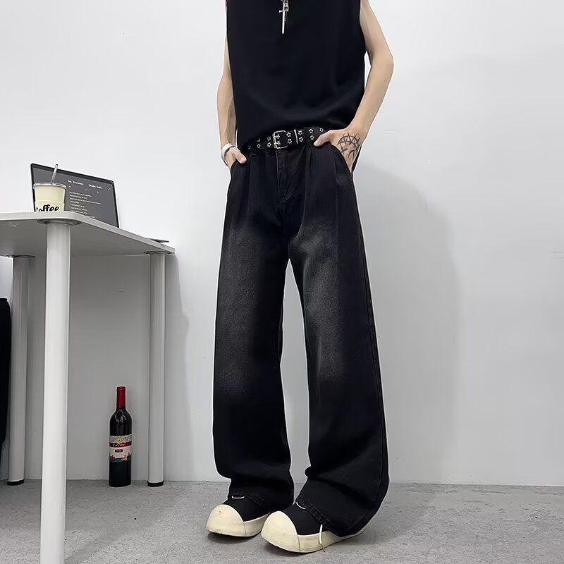 Men's Chinese Style Retro Washed Denim Jeans Clean Fit Loose Straight Leg Wide Leg High Street Style American Cool And Stylish_mkmklike.com