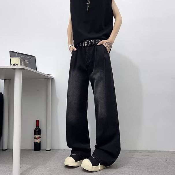 Men's Chinese Style Retro Washed Denim Jeans Clean Fit Loose Straight Leg Wide Leg High Street Style American Cool And Stylish_mkmklike.com