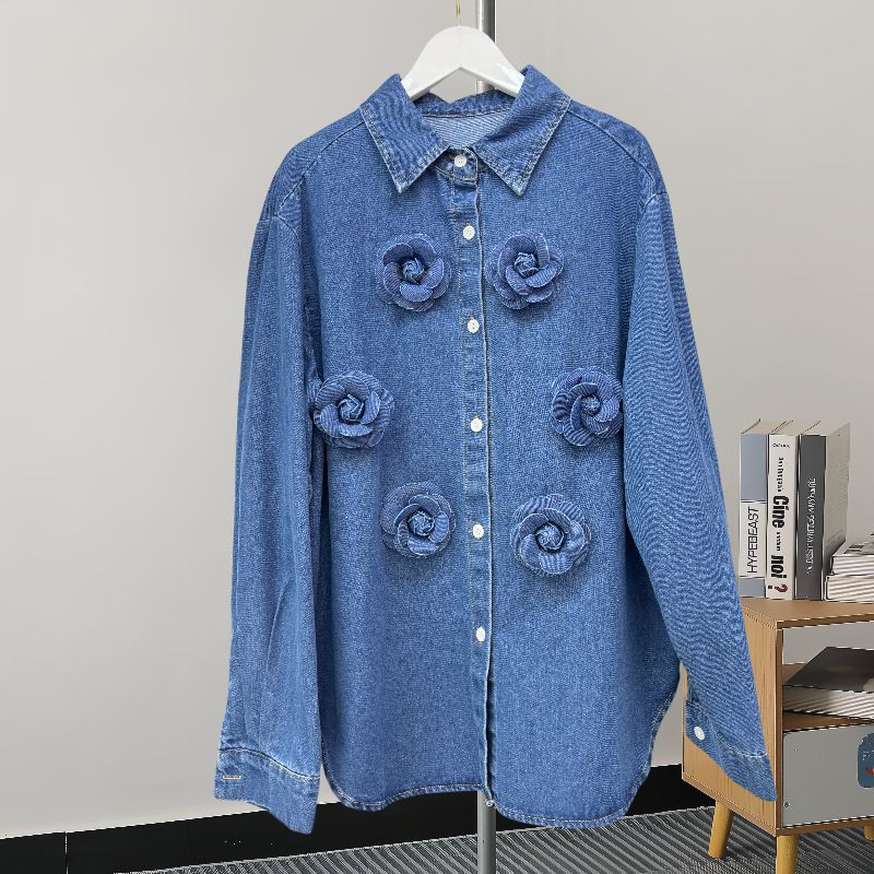 Retro Denim Shirt Jacket – Oversized Boyfriend Style With Floral Embroidery (One Size, Polo Collar, Light/Indigo Wash)_mkmklike.com