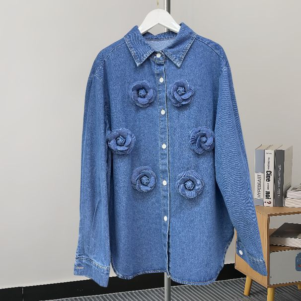 Retro Denim Shirt Jacket – Oversized Boyfriend Style With Floral Embroidery (One Size, Polo Collar, Light/Indigo Wash)_mkmklike.com