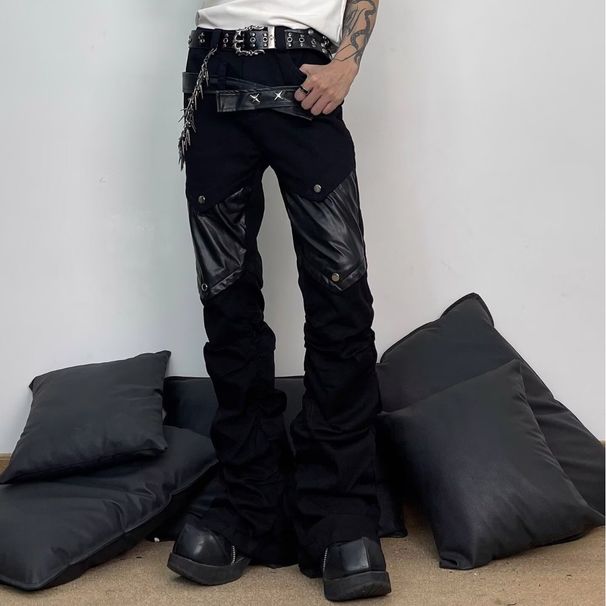 Street Punk Patchwork Flared Jeans – Unisex High-Waisted Cropped Trousers With Leather Accents, Y2K & Grunge Style (Black/Grey, S-3XL)_mkmklike.com