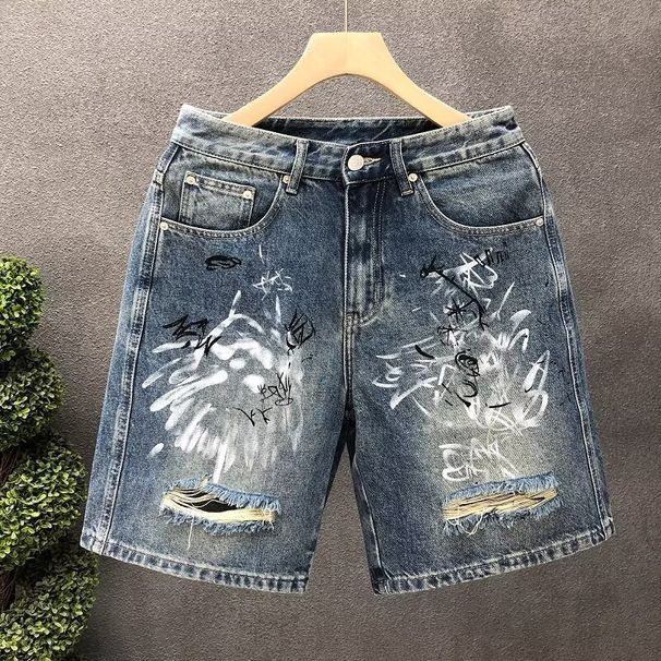 Men's Clothing Street Style Painted Graffiti Denim Shorts Heavyweight Trendy Handsome Scratched Hole Washed Shorts_mkmklike.com