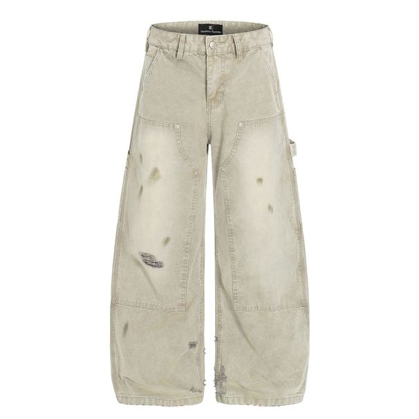 Unisex High-Street Vintage Distressed Denim Jeans Relaxed Fit Straight Leg Deconstructed Details_mkmklike.com