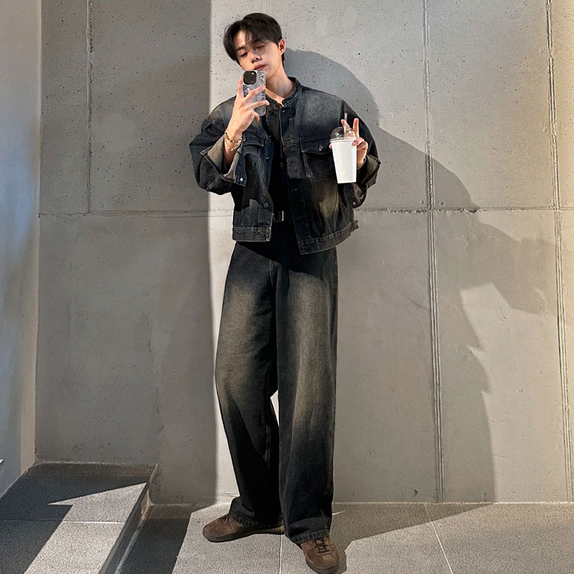 MYQ Ruffian Handsome Retro Stand-up Collar Denim Jacket Men's Spring And Autumn Loose Wide-leg Jeans Korean Fashion Suit_mkmklike.com