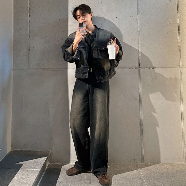 MYQ Ruffian Handsome Retro Stand-up Collar Denim Jacket Men's Spring And Autumn Loose Wide-leg Jeans Korean Fashion Suit_mkmklike.com