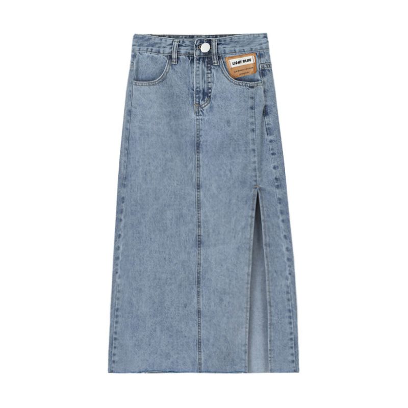 Women's Clothing High Waist Petite Side Slit Denim Skirt Women's Summer 2021 New Slim Mid Length Hip Wrapped A Line Skirt Trend_mkmklike.com
