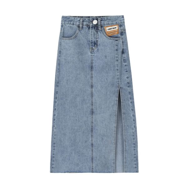 Women's Clothing High Waist Petite Side Slit Denim Skirt Women's Summer 2021 New Slim Mid Length Hip Wrapped A Line Skirt Trend_mkmklike.com