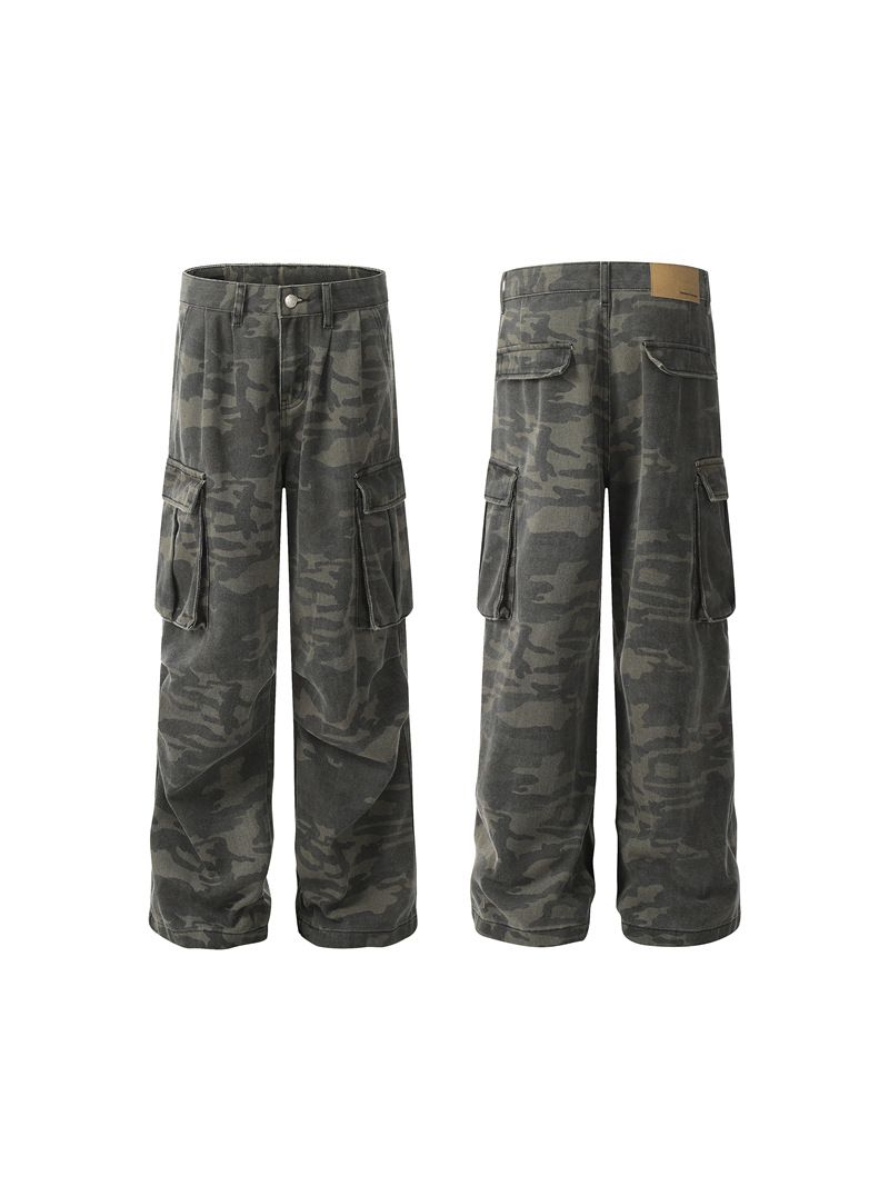 Vintage Camo Cargo Pants For Men & Women – Heavyweight Distressed Streetwear Baggy Wide-Leg Casual Trousers_mkmklike.com