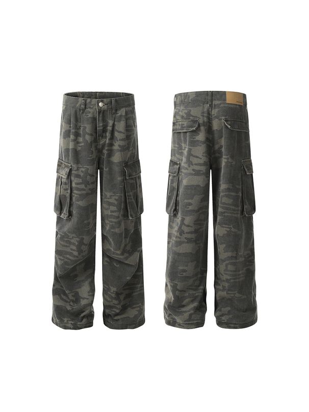 Vintage Camo Cargo Pants For Men & Women – Heavyweight Distressed Streetwear Baggy Wide-Leg Casual Trousers_mkmklike.com