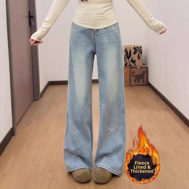Women's High-Waisted Flared Jeans With Rhinestone & Floral Embroidery – Cozy Fleece-Lined Winter Pants Stretchy Straight-Leg Denim (S-2xl, Light Wash)_mkmklike.com
