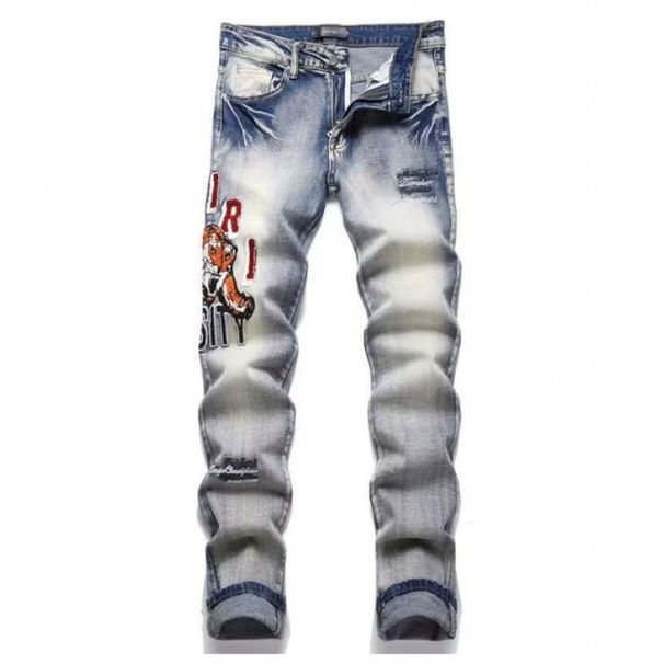 Trendy Personality Casual New Style Men's Slim Fit Embroidered Jeans With Patches And Ripped Details_mkmklike.com