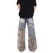 American Style Vintage Patchwork Camouflage Ripped Jeans For Men And Women, High Street Loose Cleanfit Casual Straight_mkmklike.com