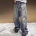 Men's Clothing Loose Casual Straight Pants Denim Print Washed Pants_mkmklike.com