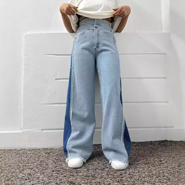 Women's Clothing Vintage-Inspired Wide-Leg Jeans With Contrast Side Seam & Fringe Details – Retro High Waist Flared Pants For Women, Boho Chic Denim_mkmklike.com