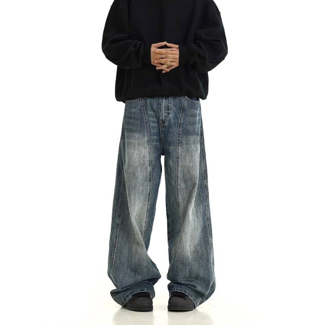 "High Street Vintage Washed Blue Jeans – Relaxed Fit, Distressed Denim, Men's Straight-Leg Trousers For Casual & Streetwear"_mkmklike.com