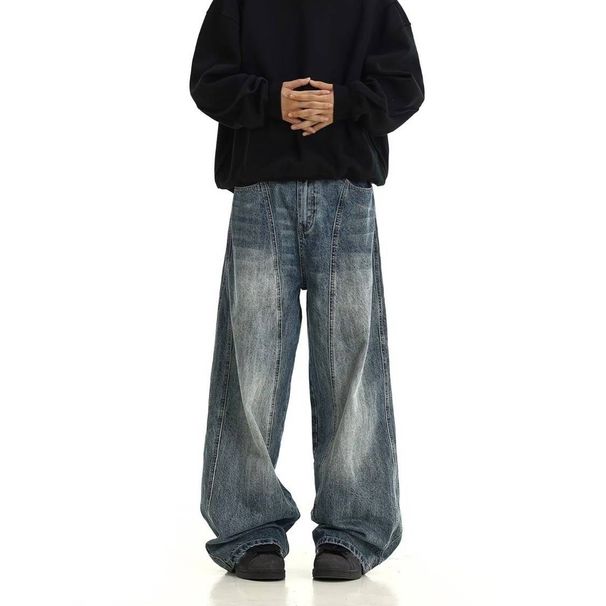 "High Street Vintage Washed Blue Jeans – Relaxed Fit, Distressed Denim, Men's Straight-Leg Trousers For Casual & Streetwear"_mkmklike.com