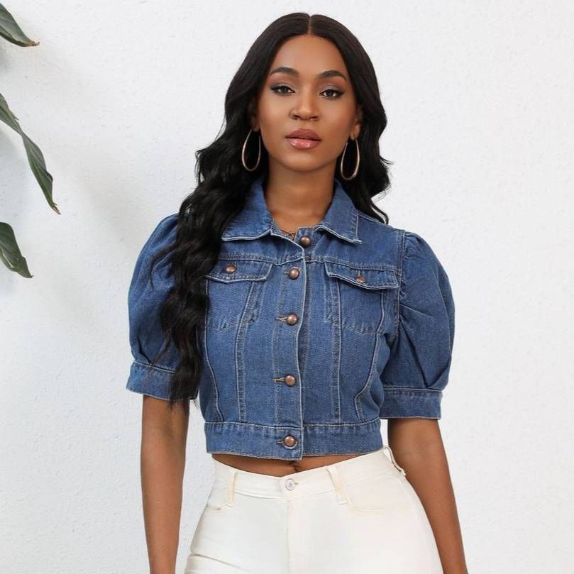 K New Short Sleeved Denim Jacket For Women With Bubble Sleeves_mkmklike.com