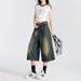 Women's American Retro Distressed Blue Cropped Jeans Summer Thin Loose Fit Mid-Length Over The Knee Wide Leg Shorts_mkmklike.com