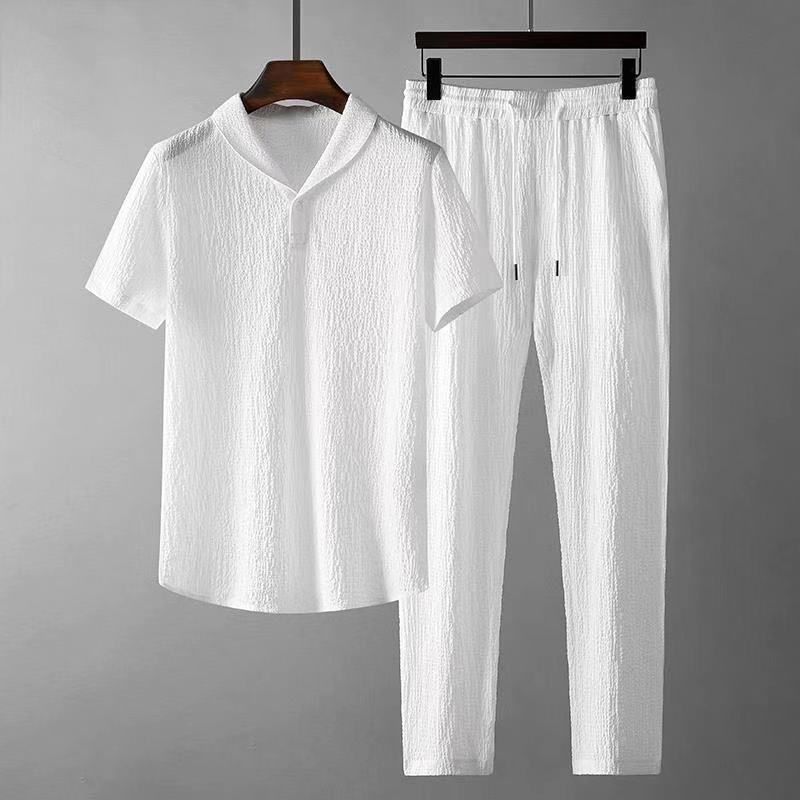 Men's Clothing White Casual Sports Suit For Men In Summer With Lapel, Fashionable, Light Luxury, Pleated Two-piece Suit, Thin And Handsome, Trendy_mkmklike.com