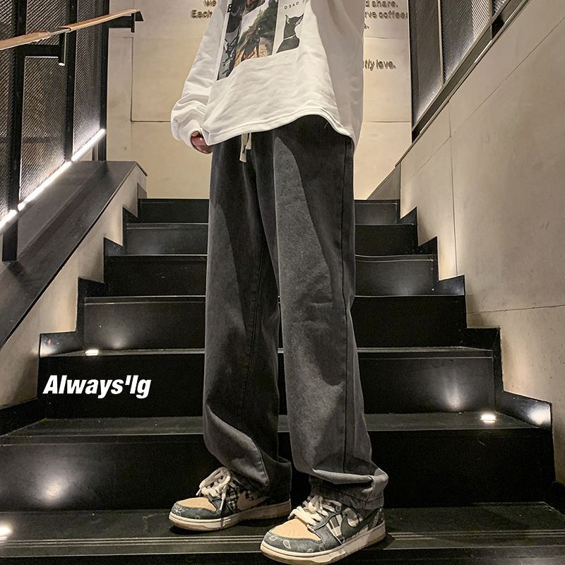 Washed Denim Jeans For Men, Autumn And Winter Casual Long Pants, American High Street Fashion Brand, Black Wide-leg_mkmklike.com