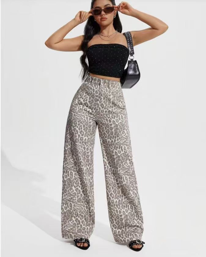 Women's High-Waisted Slimming Straight Leg Jeans Leopard Print European American Style Denim for Women_mkmklike.com