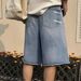 Men's Clothing Retro Washed Cat Whisker Pattern Raw Edge Straight Jeans Men And Women High Street Loose Casual Shorts_mkmklike.com