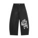 Streetwear Letter Print Jeans For Men – Relaxed Straight-Leg Denim Pants With Distressed Design, Unisex Casual Trousers (Black/Blue, S-XL)_mkmklike.com