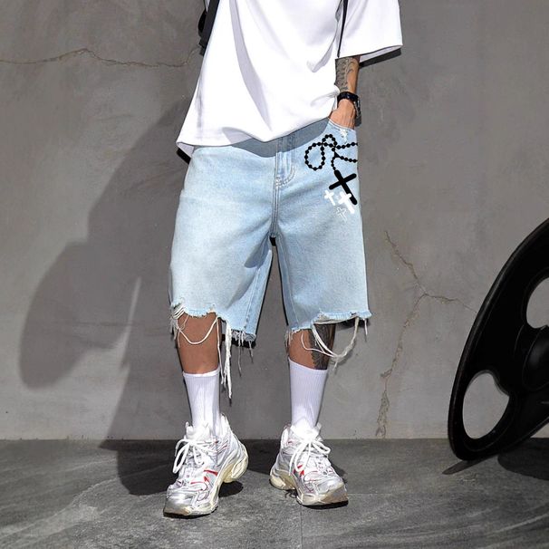 Men's Chain & Cross Print Denim Shorts - Distressed Fringe 5-Inch Streetwear Shorts_mkmklike.com