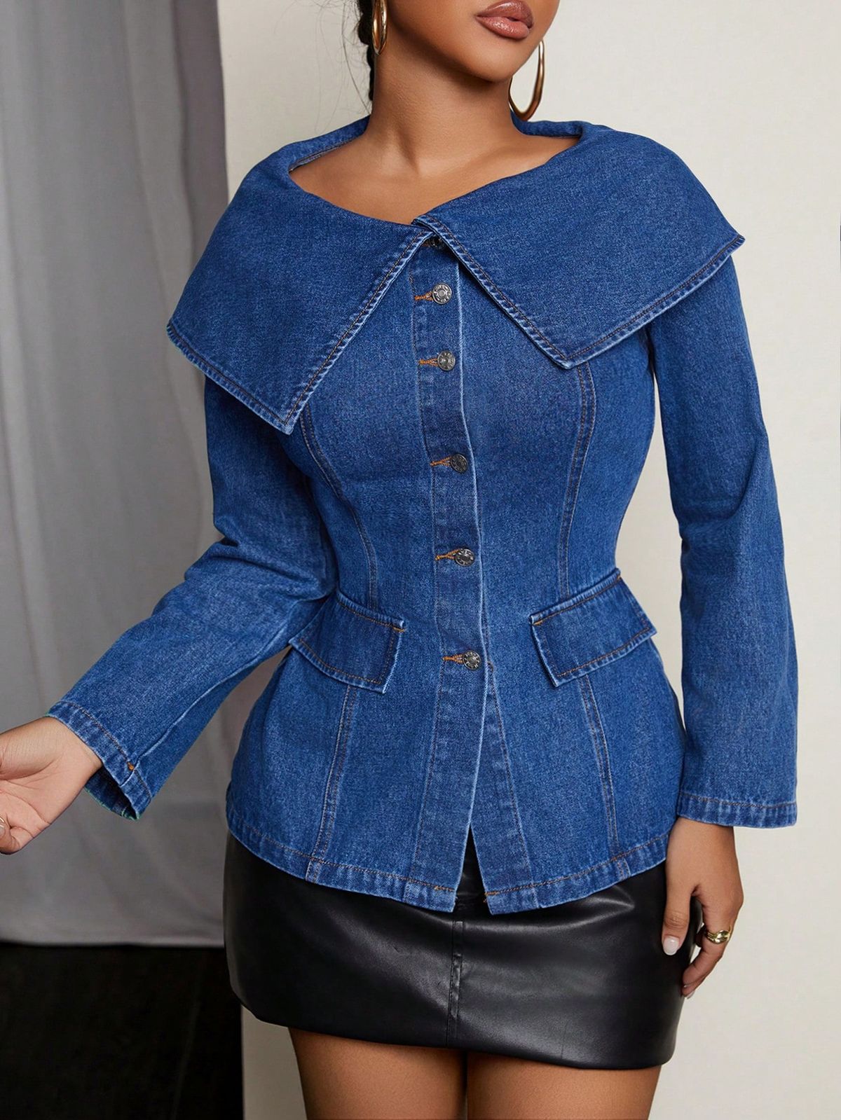 Elegant Slim-Fit Denim Top For Women - Stretch Comfort Blouse, Chic Party & Office Wear, Classic Blue Cotton Blend Shirt_mkmklike.com