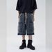 Men's Clothing Retro Raw Edge Wide Leg Drawstring Washed Denim Shorts For Boys Summer Trendy All Match Straight Five Point Pants_mkmklike.com