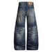 Vintage Punk Style Men's Floor Length Trousers Loose Fitting Paint Splatter Inspired Washed And Distressed Curved Blade Blue Jeans_mkmklike.com