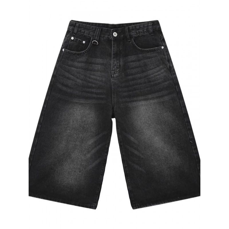 Men's Loose Straight Wide Leg Cropped Denim Shorts American Retro Distressed Blue Summer Niche Wide Pants_mkmklike.com
