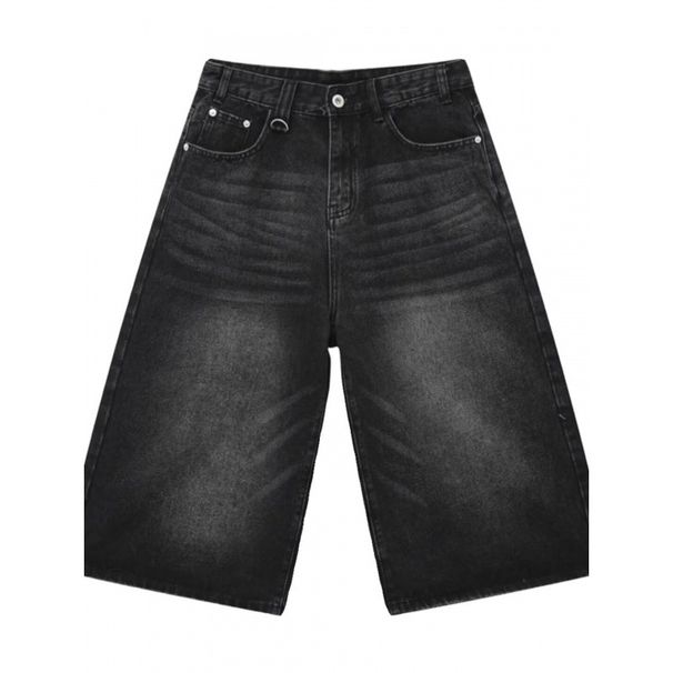 Men's Loose Straight Wide Leg Cropped Denim Shorts American Retro Distressed Blue Summer Niche Wide Pants_mkmklike.com
