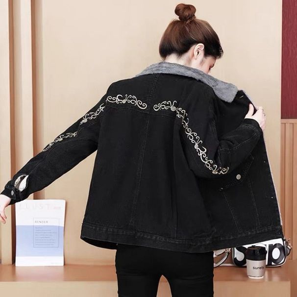 Quilted Denim Jacket For Women – Thickened Polar Fleece Lining, Loose Fit With Embroidery (6 Sizes, 2 Colors)_mkmklike.com