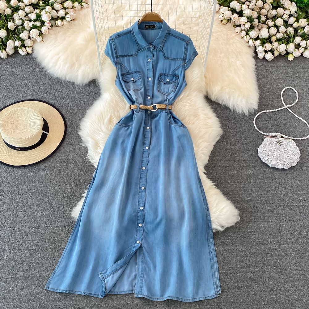 Women's Clothing Light Mature Style Sleeveless Denim Dress For Women Summer New Retro Waist Slimming A Line Shirt Long Skirt_mkmklike.com