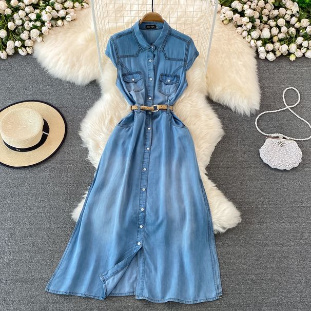 Women's Clothing Light Mature Style Sleeveless Denim Dress For Women Summer New Retro Waist Slimming A Line Shirt Long Skirt_mkmklike.com