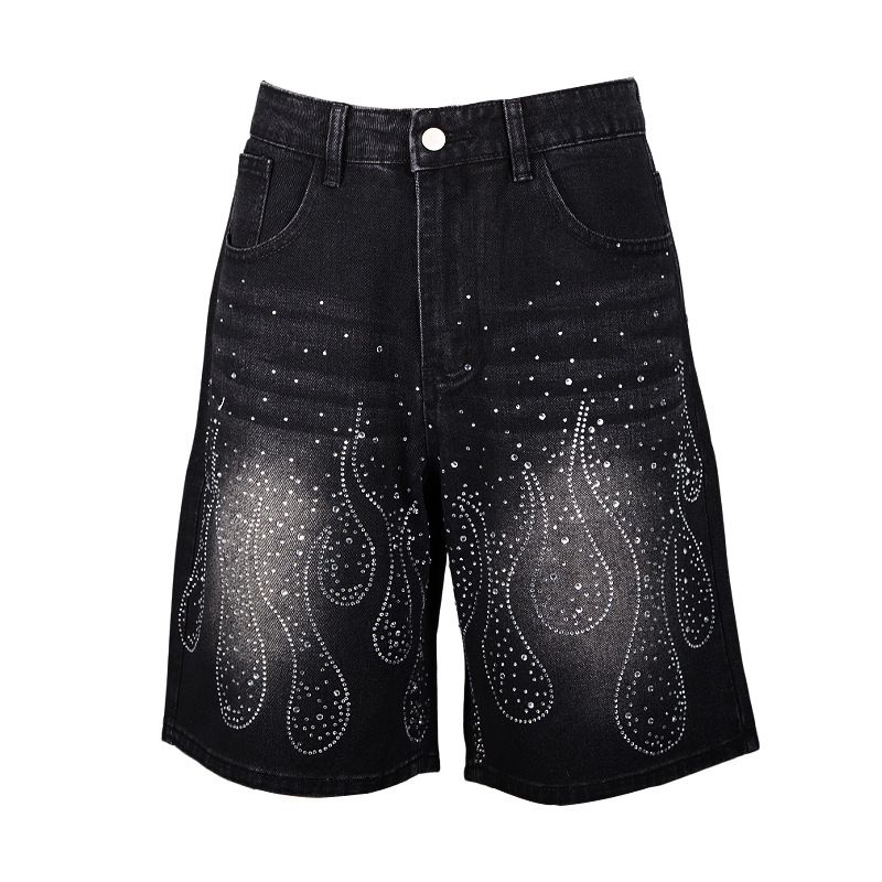 Men's Black Embroidered Flame Denim Shorts Streetwear Cotton Blend Casual Five-Inch Shorts Versatile Styling Options_mkmklike.com