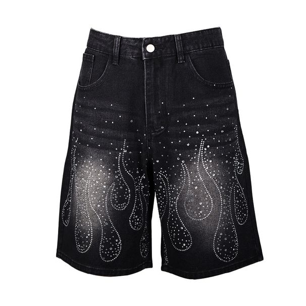 Men's Black Embroidered Flame Denim Shorts Streetwear Cotton Blend Casual Five-Inch Shorts Versatile Styling Options_mkmklike.com