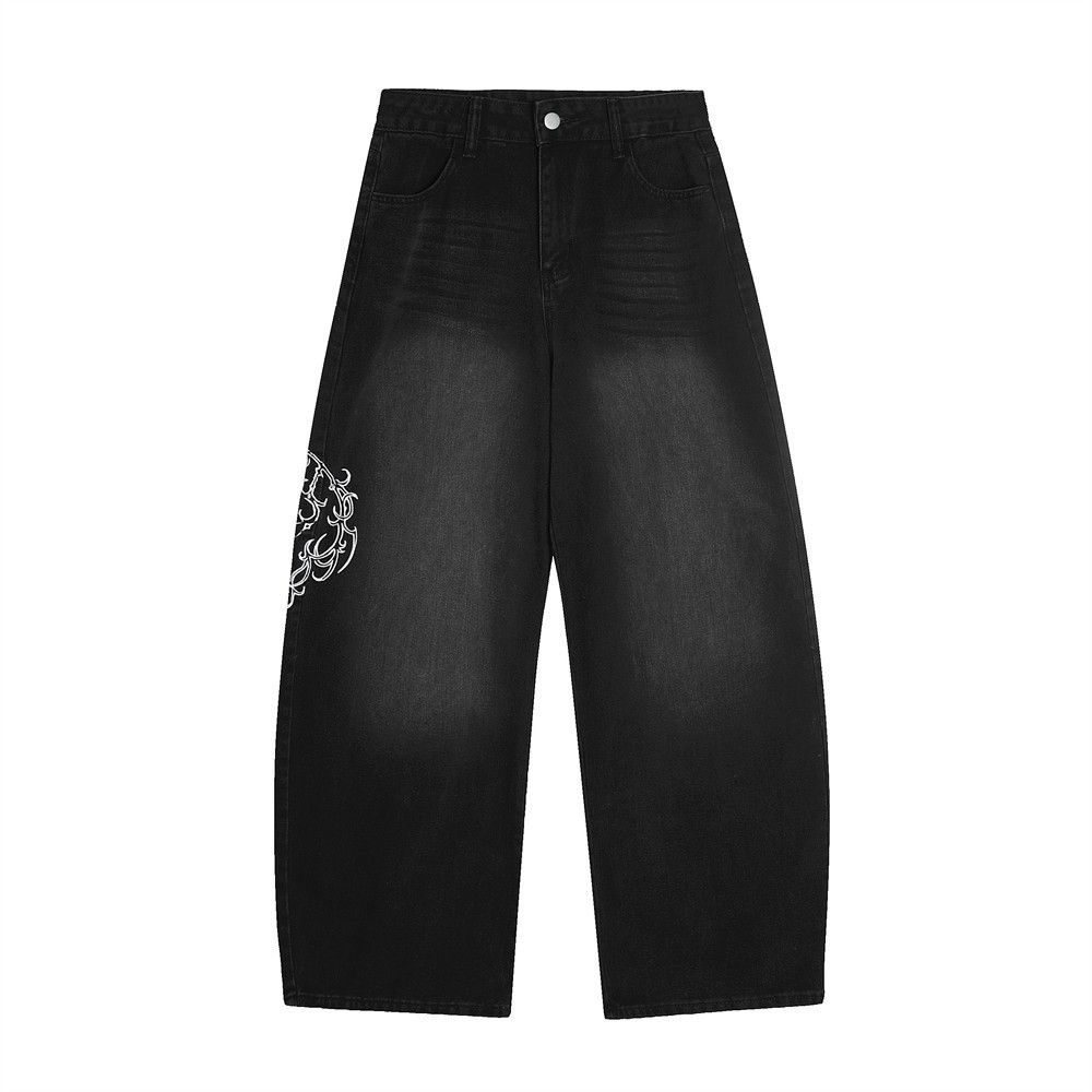 Abstract Embroidery Scimitar Pants Jeans Men's Washed Vintage Loose American Street Style Curved Wide-Leg Trousers_mkmklike.com