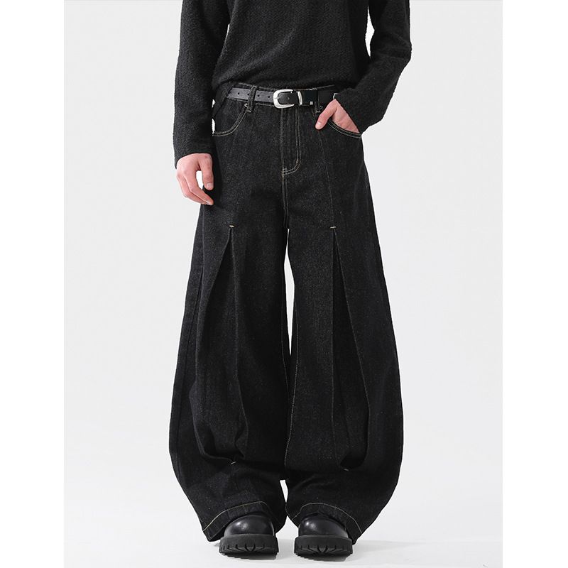2025 New Fashion Brand Design Black Pleated Jeans Men's High Street American Retro Loose Wide Pants Machete Pants_mkmklike.com