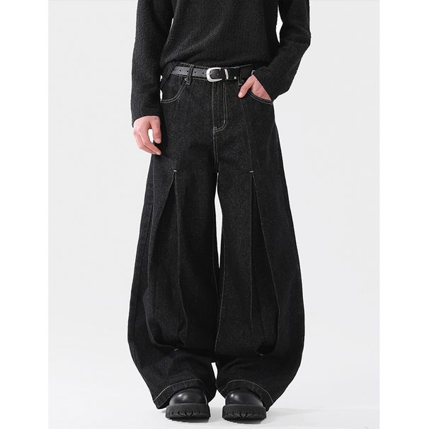 2025 New Fashion Brand Design Black Pleated Jeans Men's High Street American Retro Loose Wide Pants Machete Pants_mkmklike.com