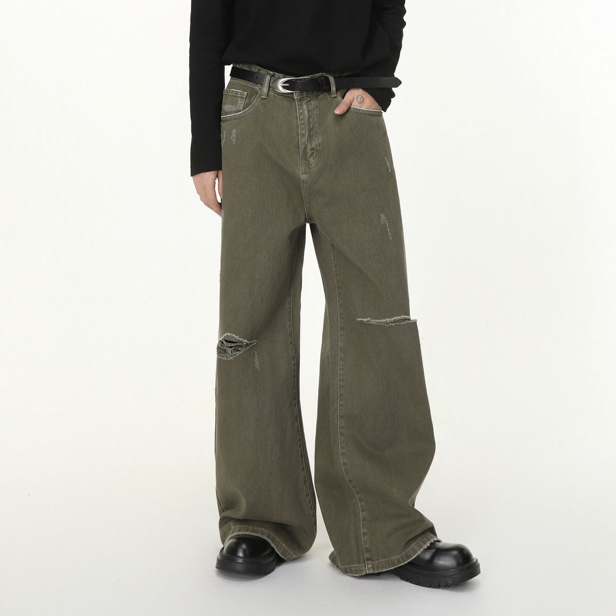 Men's Clothing Cleanfit Vintage Distressed Jeans – 98% Cotton, Relaxed Straight-Leg Fit, Artful Rips & Washed Green, Oversized Silhouette_mkmklike.com