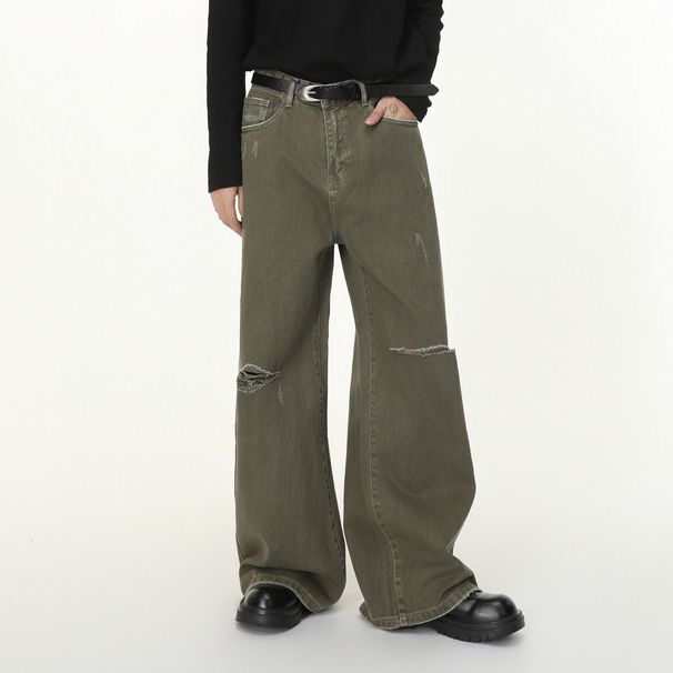Men's Clothing Cleanfit Vintage Distressed Jeans – 98% Cotton, Relaxed Straight-Leg Fit, Artful Rips & Washed Green, Oversized Silhouette_mkmklike.com