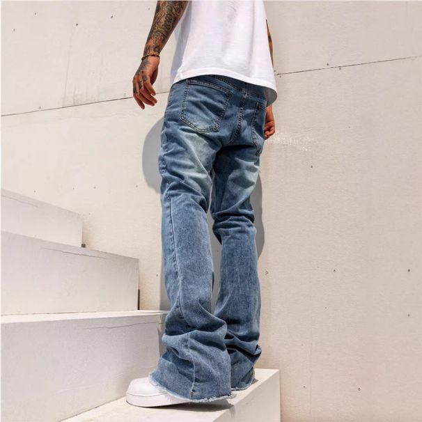 HME Men's Fleece Lined Thickened Jeans Slim Fit Frayed Hem High Street Style Slightly Flared Pants European American Cross Border_mkmklike.com