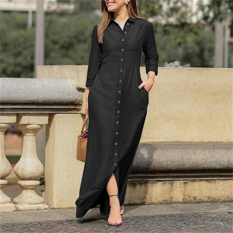 Women's Autumn New Denim Dress Shirt Collar Denim Single Row Button Casual Comfortable Long Sleeved Flip Tie Pocket Long Dress_mkmklike.com