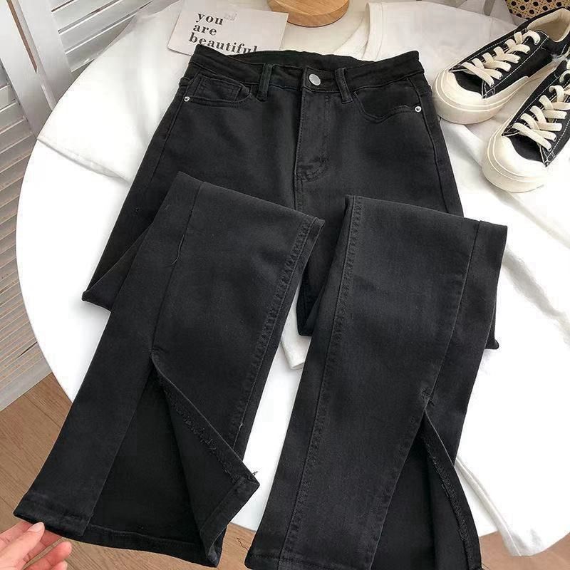 Women's High-Waisted Stretch Flared Jeans - Split Hem, Comfort Fit, Vintage Wash (Light Blue, Retro Blue, Black)_mkmklike.com