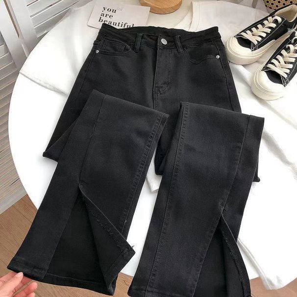 Women's High-Waisted Stretch Flared Jeans - Split Hem, Comfort Fit, Vintage Wash (Light Blue, Retro Blue, Black)_mkmklike.com