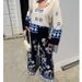 Women's clothing fashion positioning printed loose long-sleeved tops wide-leg pants two-piece set_mkmklike.com