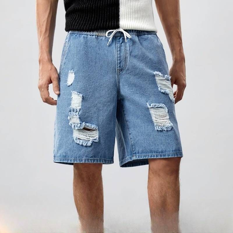Men's Clothing Summer thin loose simple casual shorts men's retro washed elastic waist ripped straight denim shorts_mkmklike.com