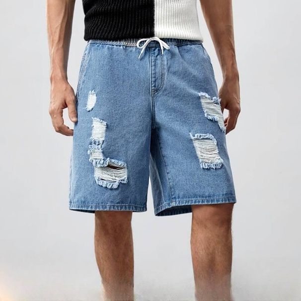 Men's Clothing Summer thin loose simple casual shorts men's retro washed elastic waist ripped straight denim shorts_mkmklike.com